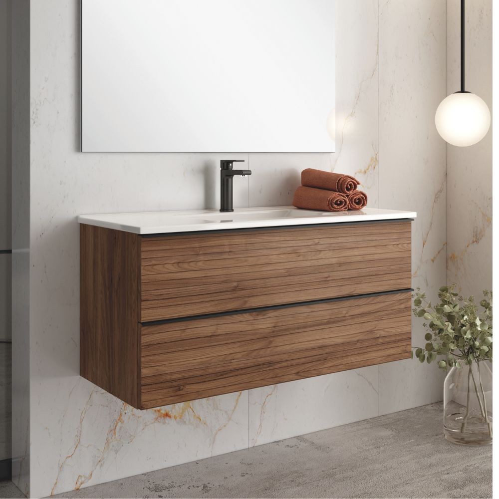 Mobile bagno sospeso noce effetto cannettato Senda con 2 cassettoni 100x45.5x48H