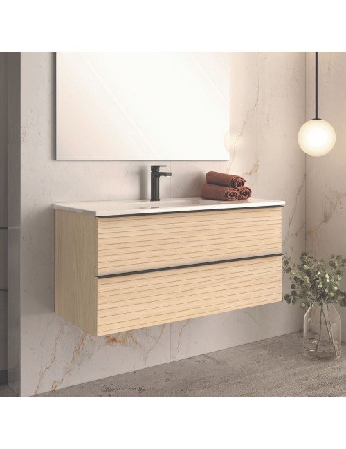 Mobile bagno sospeso rovere chiaro effetto cannettato Senda con 2 cassettoni 100x45.5x48H