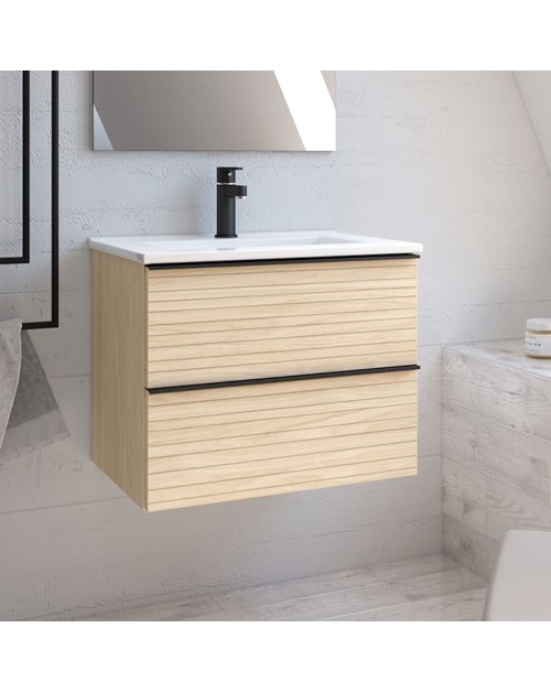 Mobile bagno sospeso rovere chiaro effetto cannettato Senda con 2 cassettoni 80x45.5x48H
