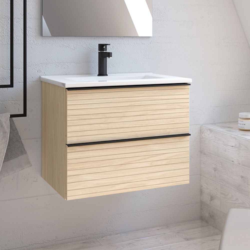 Mobile bagno sospeso rovere chiaro effetto cannettato Senda con 2 cassettoni 80x45.5x48H
