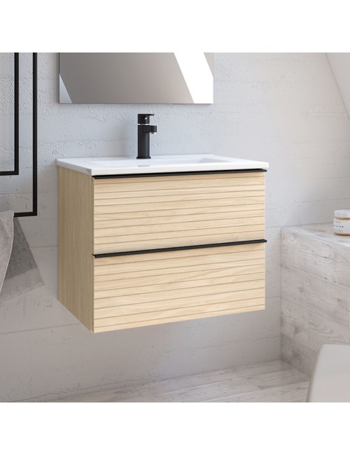 Mobile bagno sospeso rovere chiaro effetto cannettato Senda con 2 cassettoni 80x45.5x48H