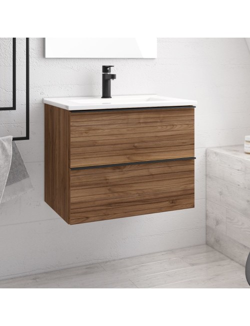 Mobile bagno sospeso noce effetto cannettato Senda con 2 cassettoni 80x45.5x48H
