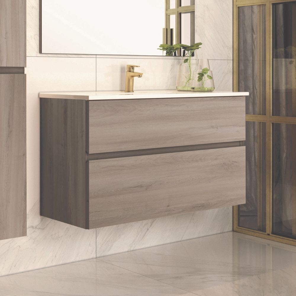 Mobile bagno sospeso rovere grigio Londres 2 cassetti 100x45x59H