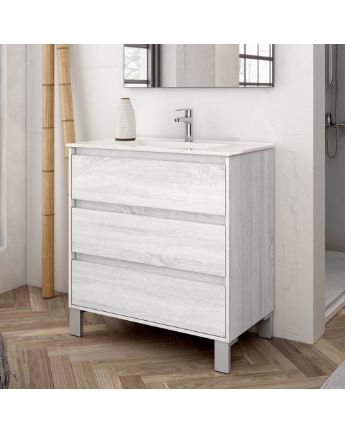 Mobile bagno Bolton colore rovere grigio ghiaccio 80x45x84H con 3 cassetti: design moderno e funzionalità senza compromessi