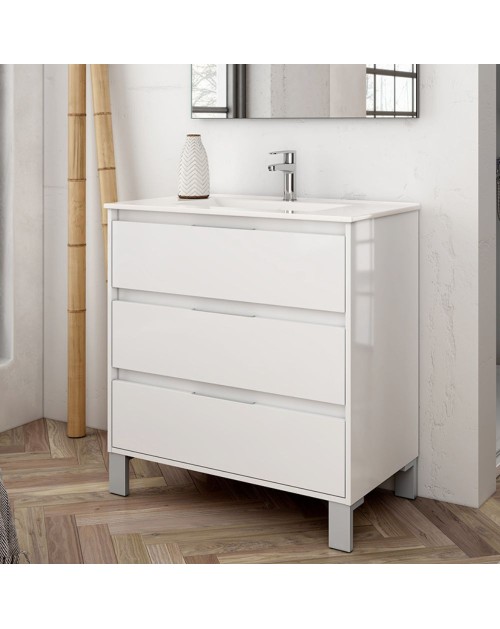 Mobile bagno Bolton colore bianco laccato lucido 80x45x84H con 3 cassetti: design moderno e funzionalità senza compromessi
