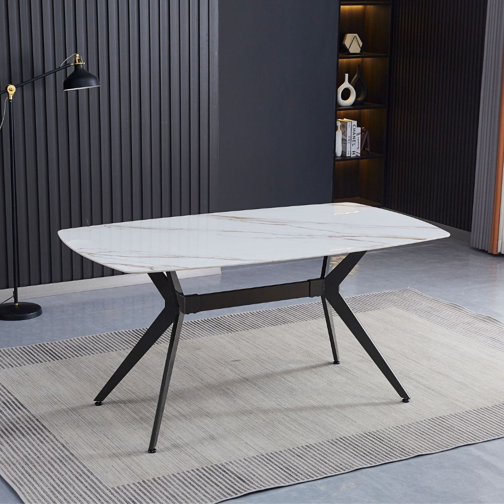 Tavolo fisso piano ceramica effetto marmo bianco lucido Callista 160x90x76H