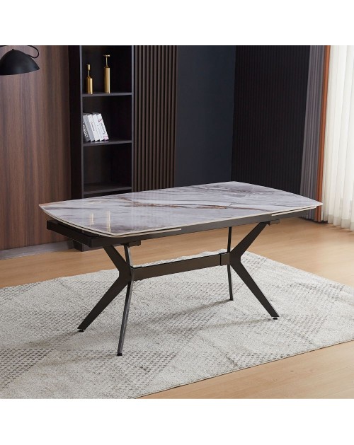 Tavolo allungabile piano ceramica effetto marmo grigio chiaro lucido Riley 160x90x76H
