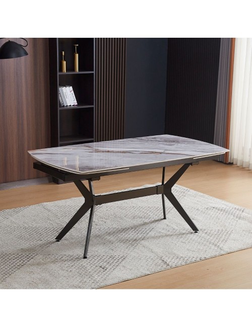Tavolo allungabile piano ceramica effetto marmo grigio chiaro lucido Riley 160x90x76H