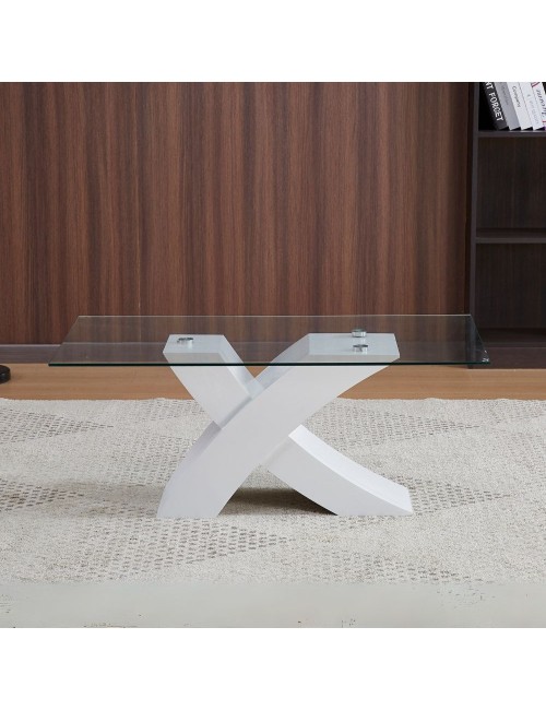 Tavolino da salotto Shiva piano in vetro e base bianca a incrocio 110x60x45H