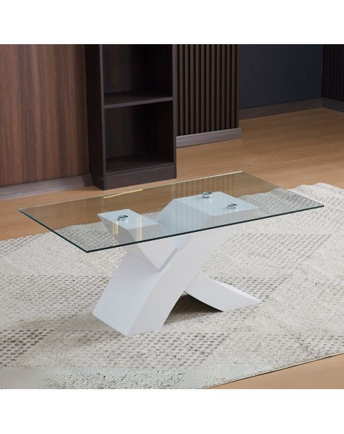 Tavolino da salotto Shiva piano in vetro e base bianca a incrocio 110x60x45H