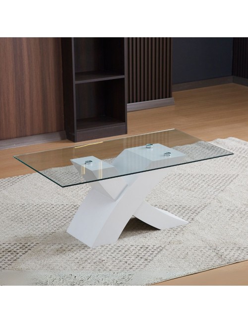 Tavolino da salotto Shiva piano in vetro e base bianca a incrocio 110x60x45H