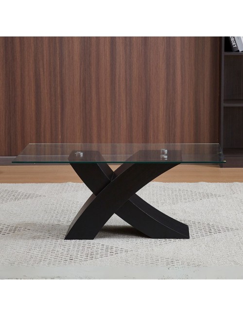 Tavolino da salotto Shiva piano in vetro e base nera a incrocio 110x60x45H