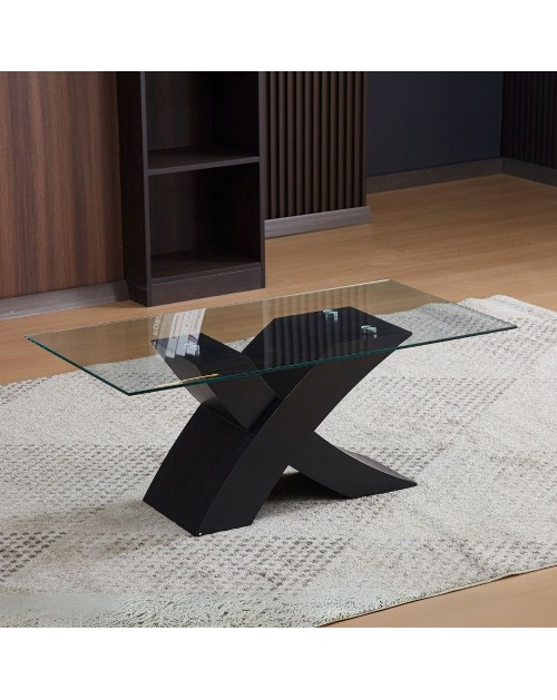 Tavolino da salotto Shiva piano in vetro e base nera a incrocio 110x60x45H