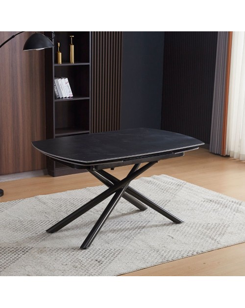 Tavolo girevole allungabile piano ceramica effetto marmo nero opaco Astrid 140x90x76H