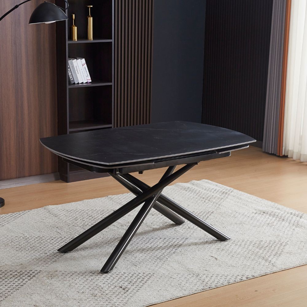 Tavolo girevole allungabile piano ceramica effetto marmo nero opaco Astrid 140x90x76H