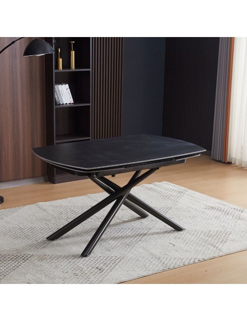Tavolo girevole allungabile piano ceramica effetto marmo nero opaco Astrid 140x90x76H