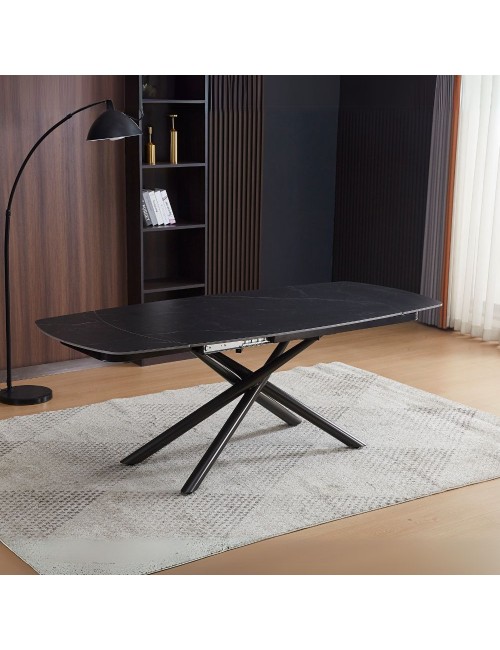Tavolo girevole allungabile piano ceramica effetto marmo nero opaco Astrid 140x90x76H