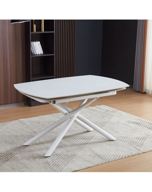 Tavolo girevole allungabile piano ceramica effetto marmo bianco opaco Astrid 140x90x76H