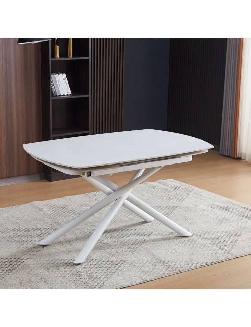 Tavolo girevole allungabile piano ceramica effetto marmo bianco opaco Astrid 140x90x76H