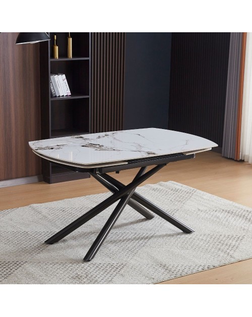 Tavolo girevole allungabile piano ceramica effetto marmo bianco lucido Astrid 140x90x76H