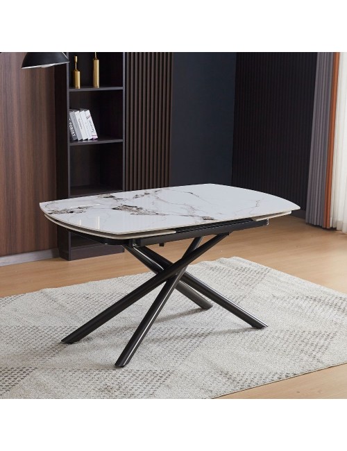 Tavolo girevole allungabile piano ceramica effetto marmo bianco lucido Astrid 140x90x76H