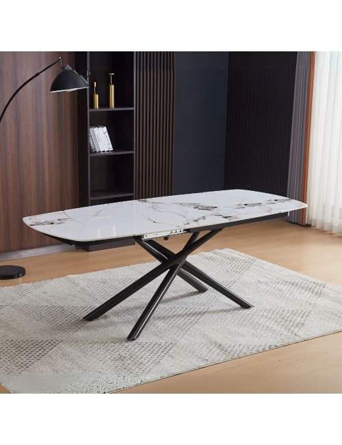 Tavolo girevole allungabile piano ceramica effetto marmo bianco lucido Astrid 140x90x76H
