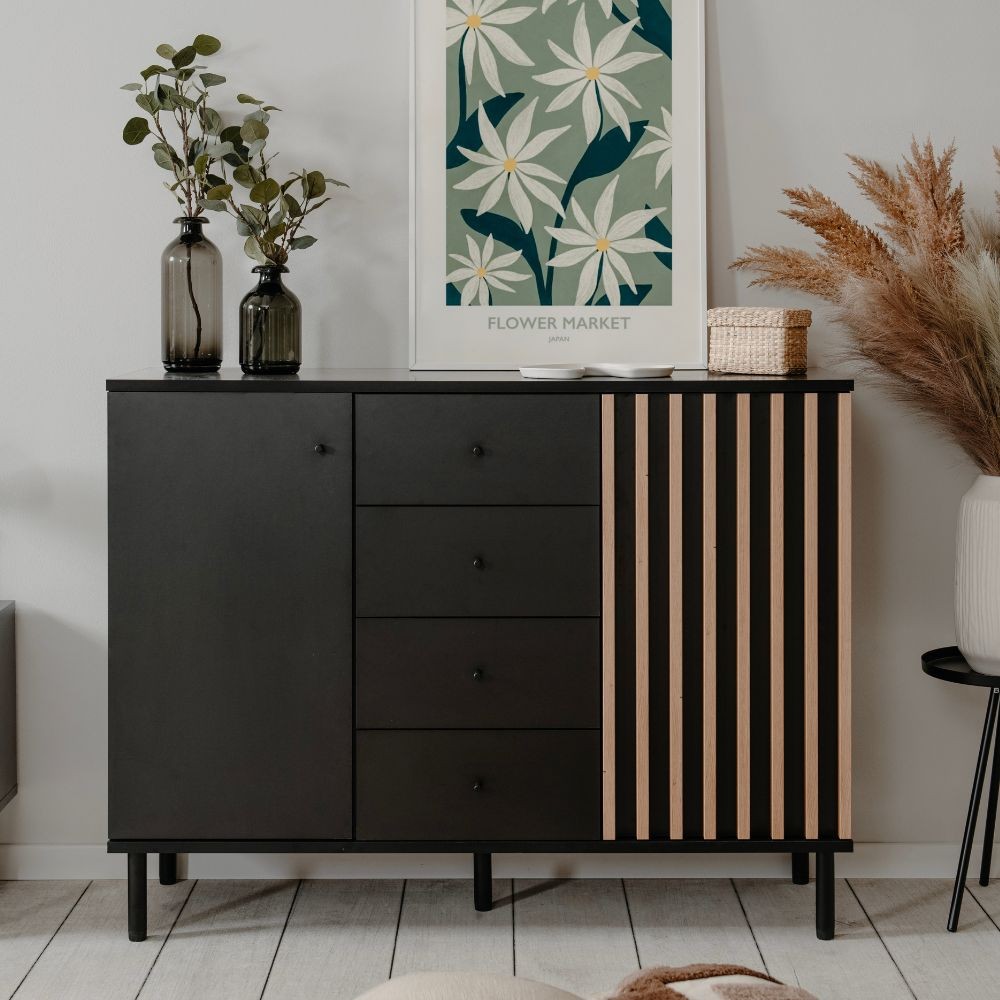 Madia moderna 2 ante e 4 cassetti nero con listelli rovere Monza01B 118x40x90H
