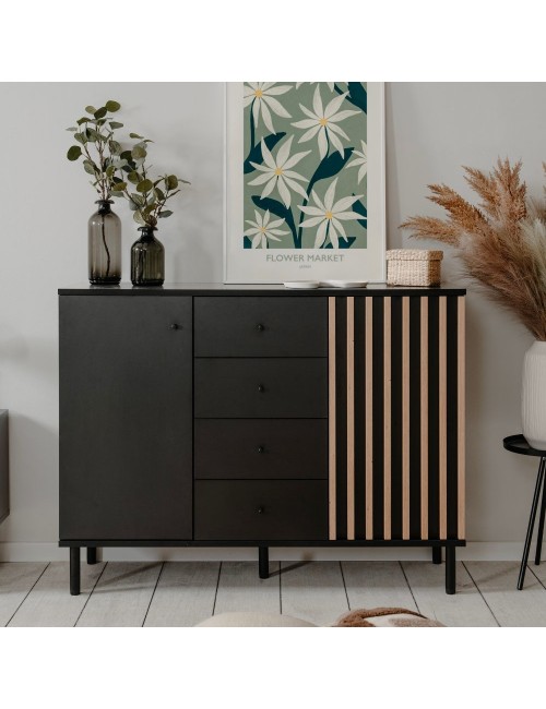 Madia moderna 2 ante e 4 cassetti nero con listelli rovere Monza01B 118x40x90H
