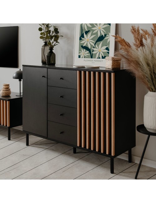 Madia moderna 2 ante e 4 cassetti nero con listelli rovere Monza01B 118x40x90H