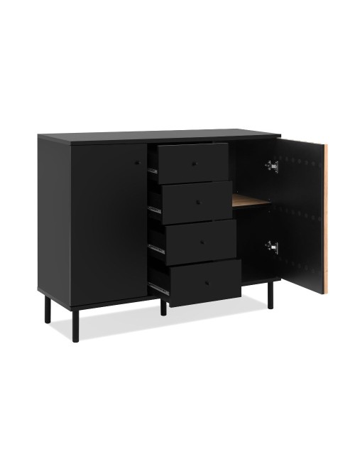 Madia moderna 2 ante e 4 cassetti nero con listelli rovere Monza01B 118x40x90H
