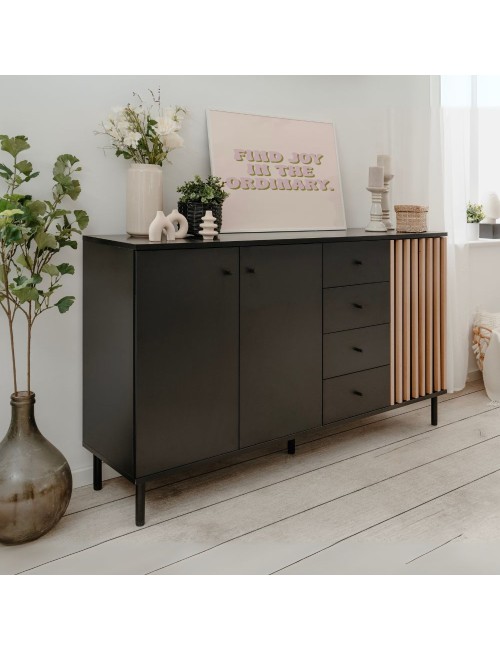Madia moderna 3 ante e 4 cassetti nero con listelli rovere Monza 51C 160x40x90H