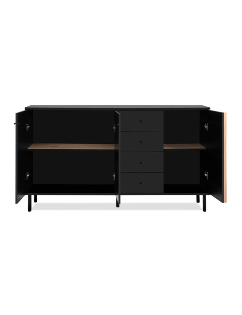 Madia moderna 3 ante e 4 cassetti nero con listelli rovere Monza 51C 160x40x90H