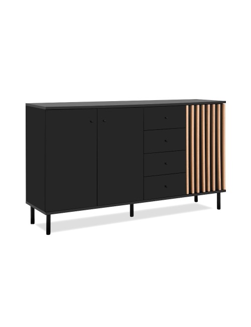 Madia moderna 3 ante e 4 cassetti nero con listelli rovere Monza 51C 160x40x90H