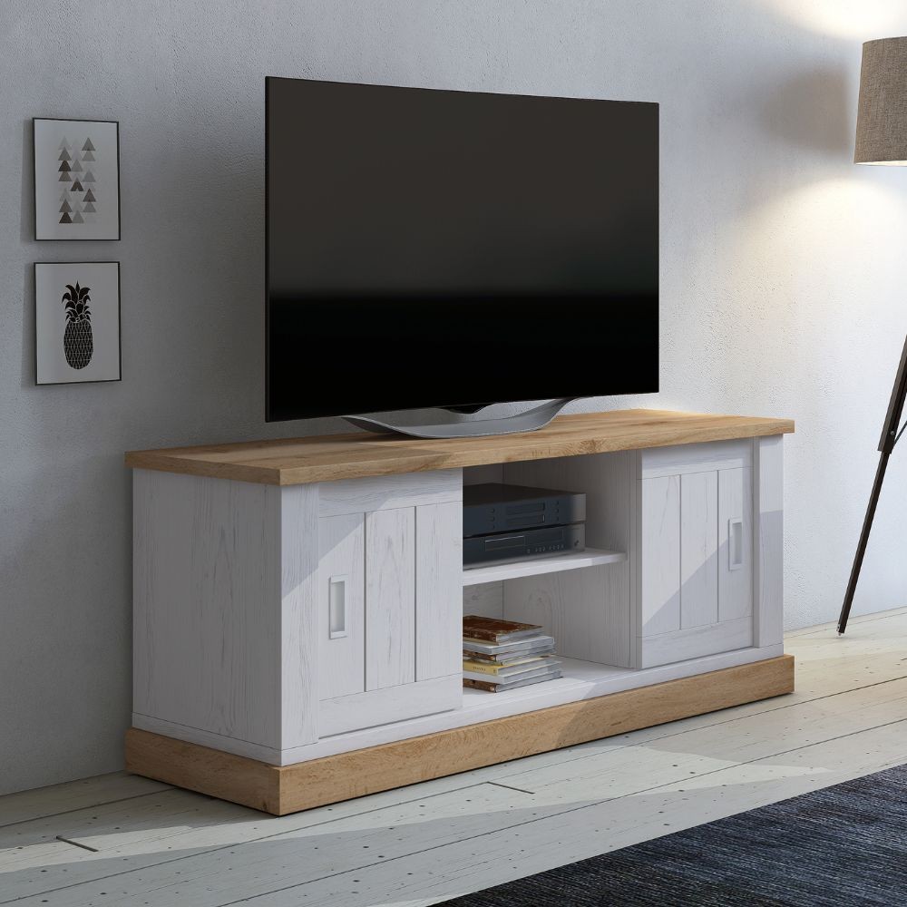 Mobile porta TV colore pino bianco e rovere vano a giorno e 2 ante scorrevoli AnthonyIII 145x46x60H