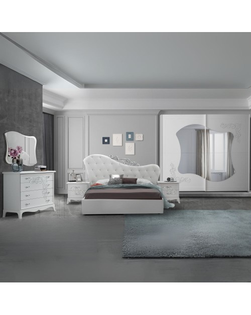Camera da letto Marsida bianco larice con armadio scorrevole serigrafato – Eleganza e funzionalità per la tua zona notte