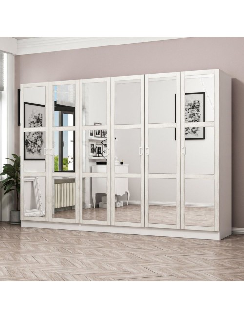Armadio Kale 6 ante battenti bianco con specchi 270x52x190H – Eleganza e capienza
