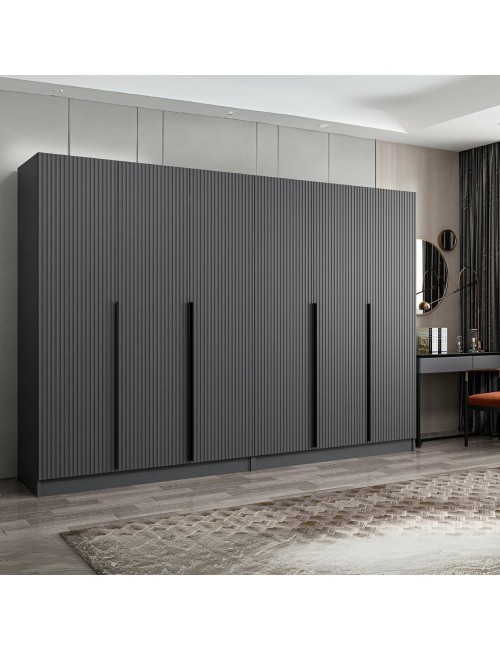Armadio Kale 6 ante battenti effetto cannettato antracite 270x52x210H – Eleganza e capienza