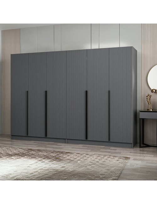 Armadio Kale 6 ante battenti effetto cannettato antracite 270x52x210H – Eleganza e capienza