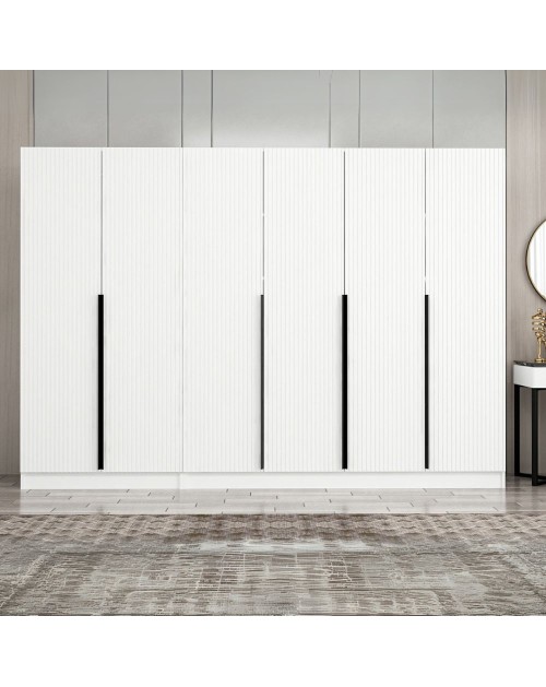 Armadio Kale 6 ante battenti effetto cannettato bianco 270x52x210H – Eleganza e capienza