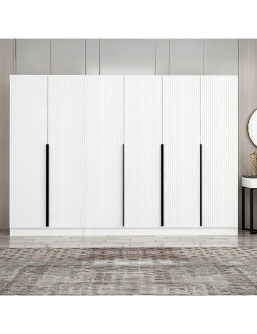 Armadio Kale 6 ante battenti effetto cannettato bianco 270x52x210H – Eleganza e capienza