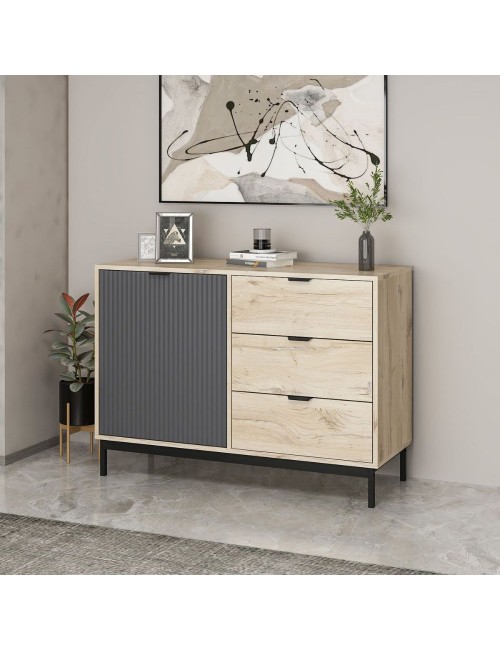 Madia Esta rovere chiaro e antracite con effetto cannettato 120x45x90H