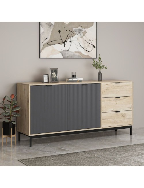 Madia Esta rovere chiaro e antracite con effetto cannettato 180x45x90H