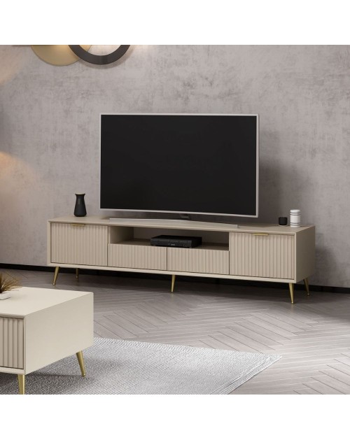 Porta TV Kale cashmere effetto cannettato con piedi in metallo oro 180x35x45H