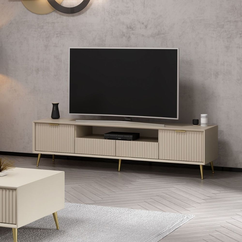 Porta TV Kale cashmere effetto cannettato con piedi in metallo oro 180x35x45H