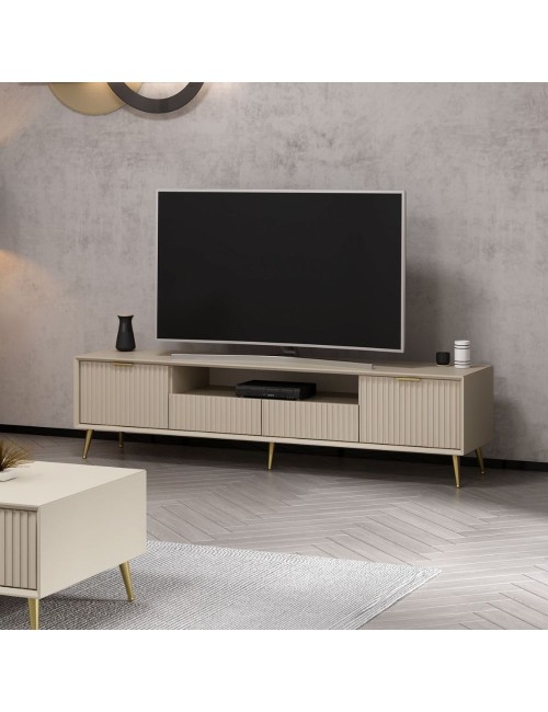 Porta TV Kale cashmere effetto cannettato con piedi in metallo oro 180x35x45H