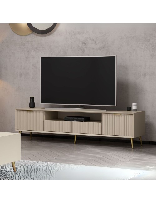 Porta TV Kale cashmere effetto cannettato con piedi in metallo oro 180x35x45H