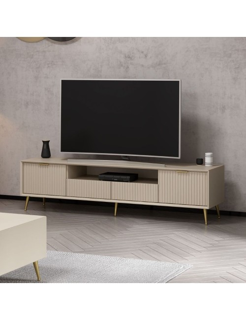 Porta TV Kale cashmere effetto cannettato con piedi in metallo oro 180x35x45H