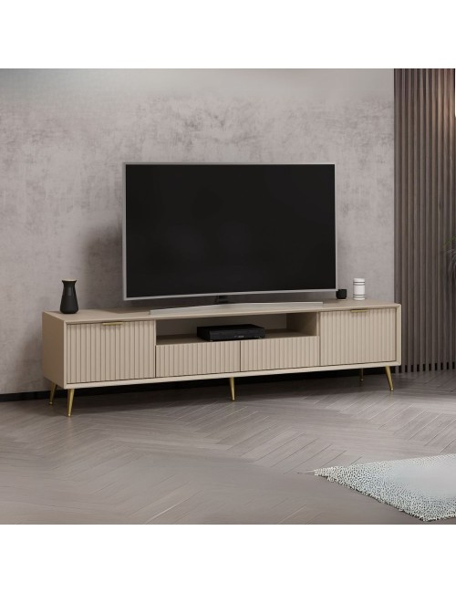Porta TV Kale cashmere effetto cannettato con piedi in metallo oro 180x35x45H
