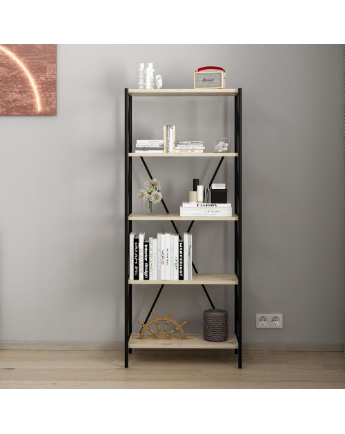 Libreria nera e rovere Axel 62x26x150H – Stile industriale e funzionalità per ogni ambiente