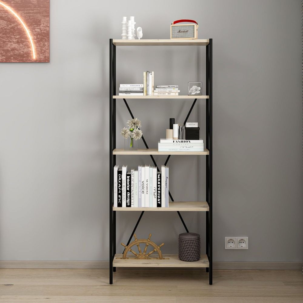 Libreria nera e rovere Axel 62x26x150H – Stile industriale e funzionalità per ogni ambiente